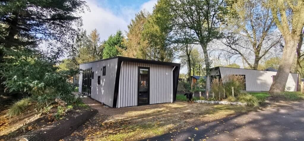 Moderne woning met houtlook gevel, omringd door bomen en struiken, gelegen in EuroParcs Zuiderzee, Biddinghuizen
