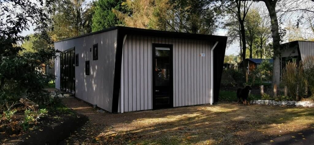 Moderne vakantiewoning met een schuin dak en ruime ramen, omgeven door groen in EuroParcs Zuiderzee.