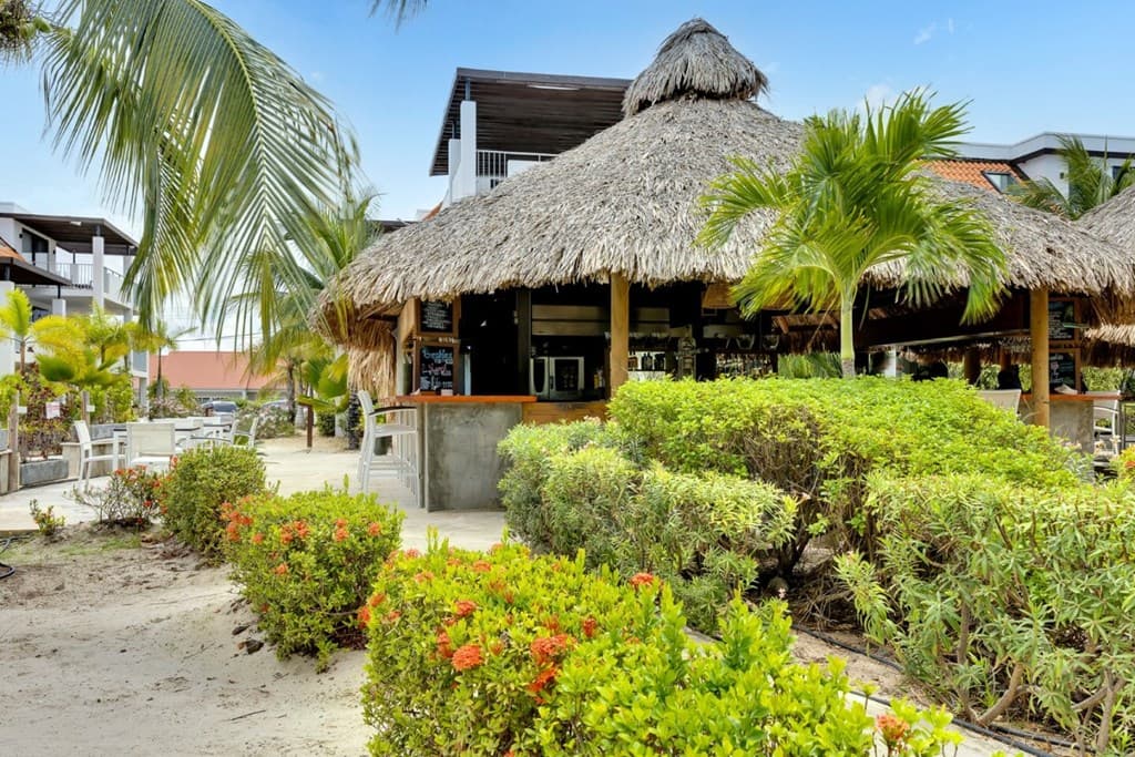 Buitenaanzicht van een tiki-bar met rieten dak, omgeven door groen en kleurrijke bloemen in een tropische omgeving