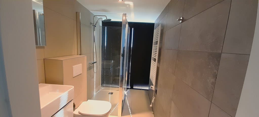Moderne badkamer met inloopdouche, wastafel en toilet, verlicht door natuurlijk licht.