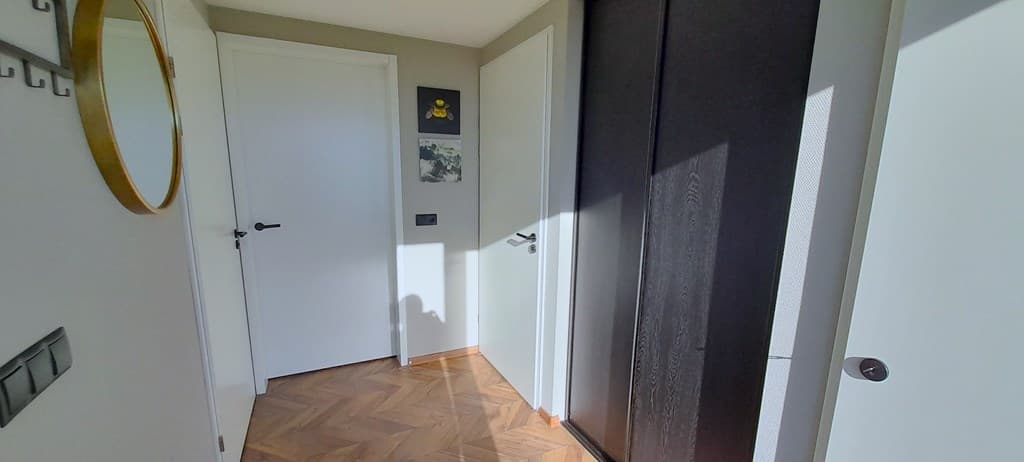 Ingang van de woning met een houten vloer, witte deuren en een spiegel aan de muur.