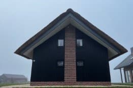 Zwart houten huis met rieten dak en bakstenen details onder de vensters, omgeven door mistige omgeving