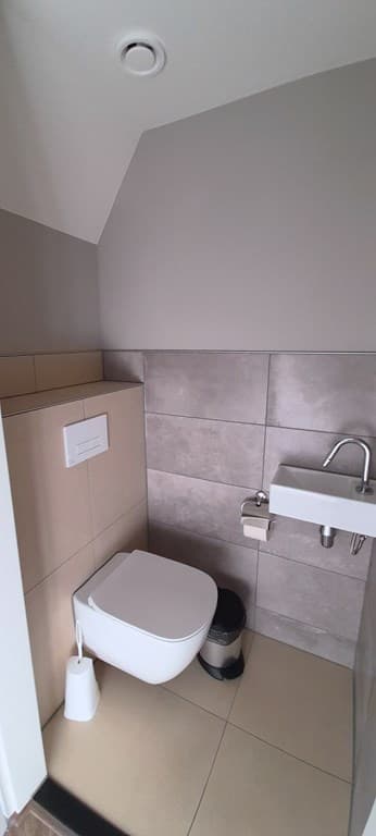 Modern toilet met wandcloset, kleine wastafel en grijze tegelwand in EuroParcs De IJssel Eilanden