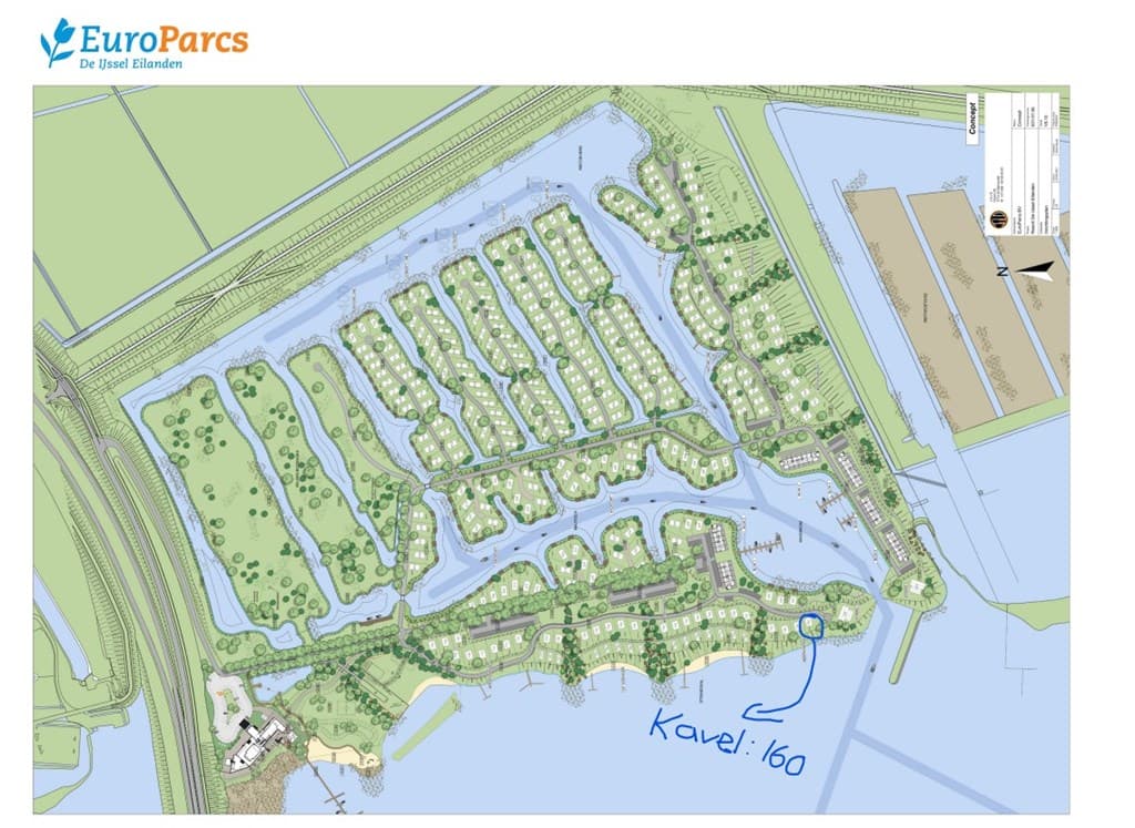 Plattegrond van EuroParcs De IJssel Eilanden met kavelindeling en waterpartijen weergegeven