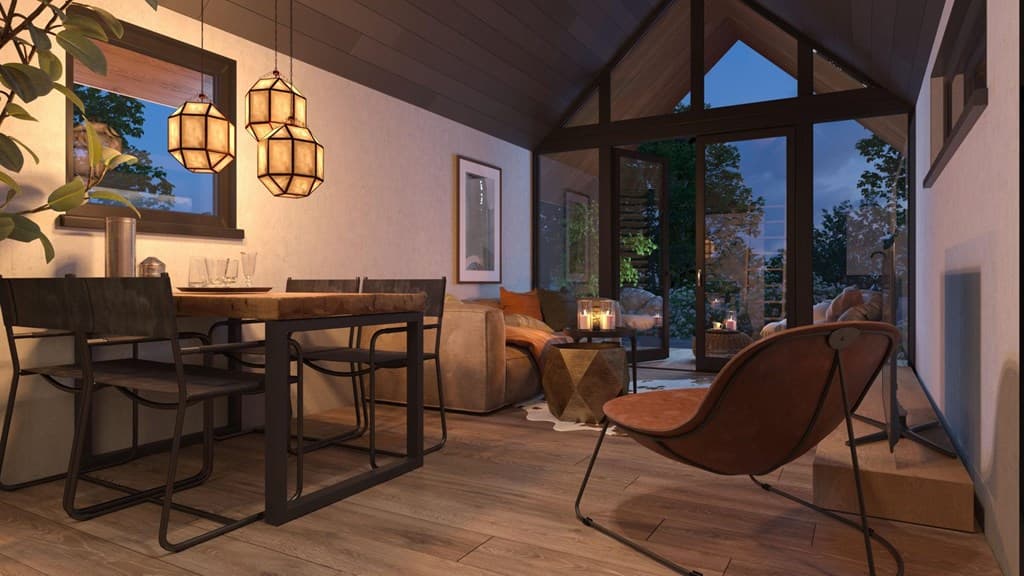 Ruime zithoek met houten vloer, grote ramen, eetset en gezellige verlichting in Green Resort Mooi Bemelen
