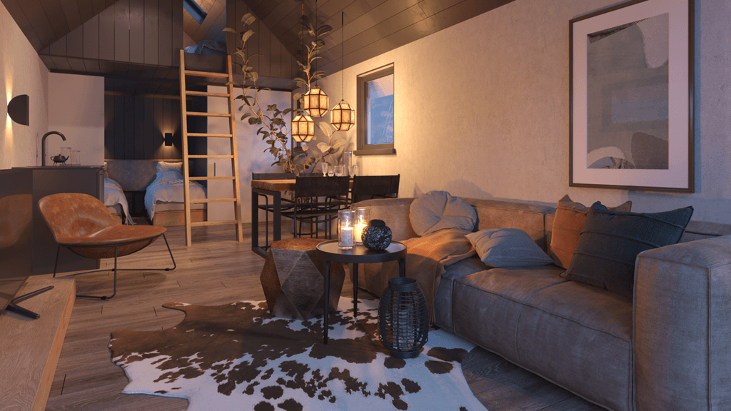 Woonkamer met bank, eettafel en ladder naar slaapkamer, sfeervolle verlichting en decoratieve accessoires.