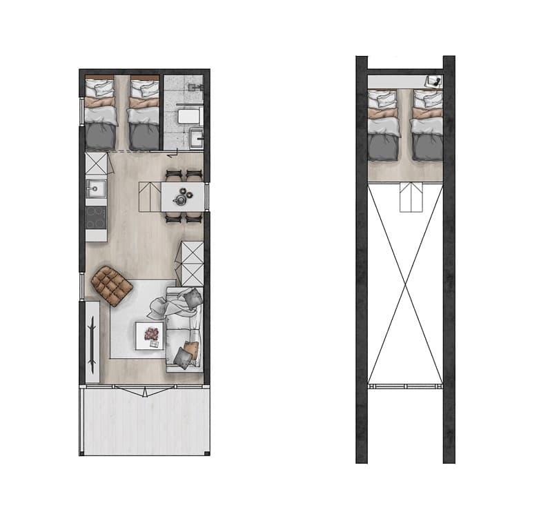 Plattegrond van een woning met een indeling van slaapkamers, woonkamer, keuken en badkamer met moderne inrichting
