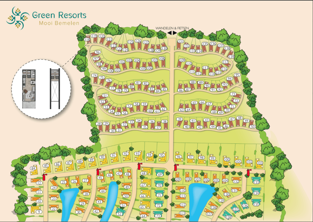 Plattegrond van Green Resort Mooi Bemelen met woningen, wegen en waterpartijen weergegeven.