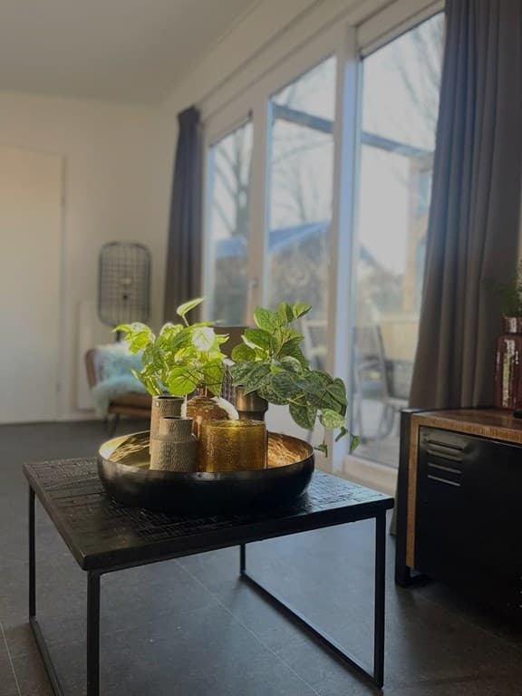 Huiskamer met een lage tafel en planten, grote ramen met uitzicht op buiten en een comfortabele stoel in de hoek.