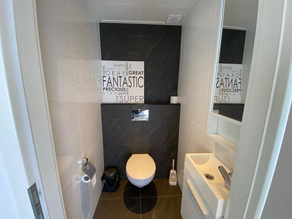 Toilet met moderne styling, zwarte accentwand en wastafel met spiegel; toiletruimte is helder en functioneel ingericht