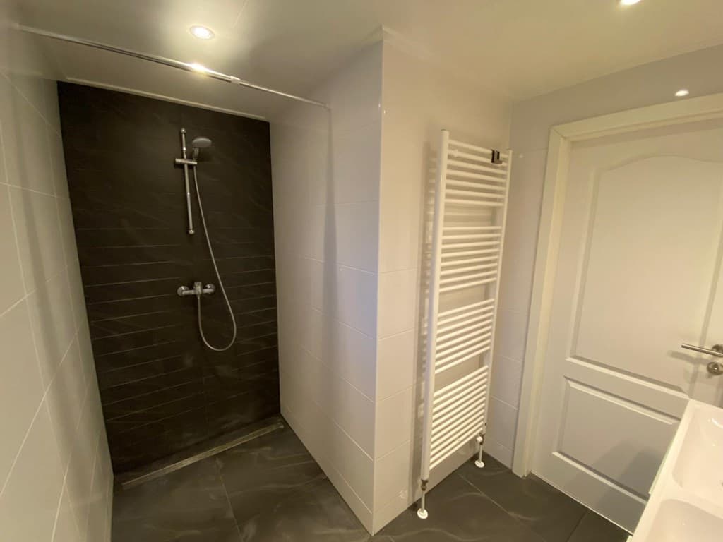 Moderne badkamer met douche en radiator, wit tegelwerk en donkere wandtegels.