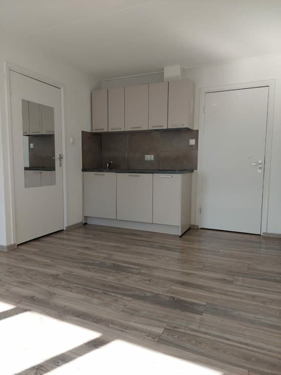 Keukenruimte met moderne kastjes, een aanrechtblad en een deur naar een andere kamer in een woning.
