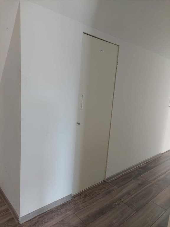 Witte muur met een deurkast in een gang met een houten vloer.