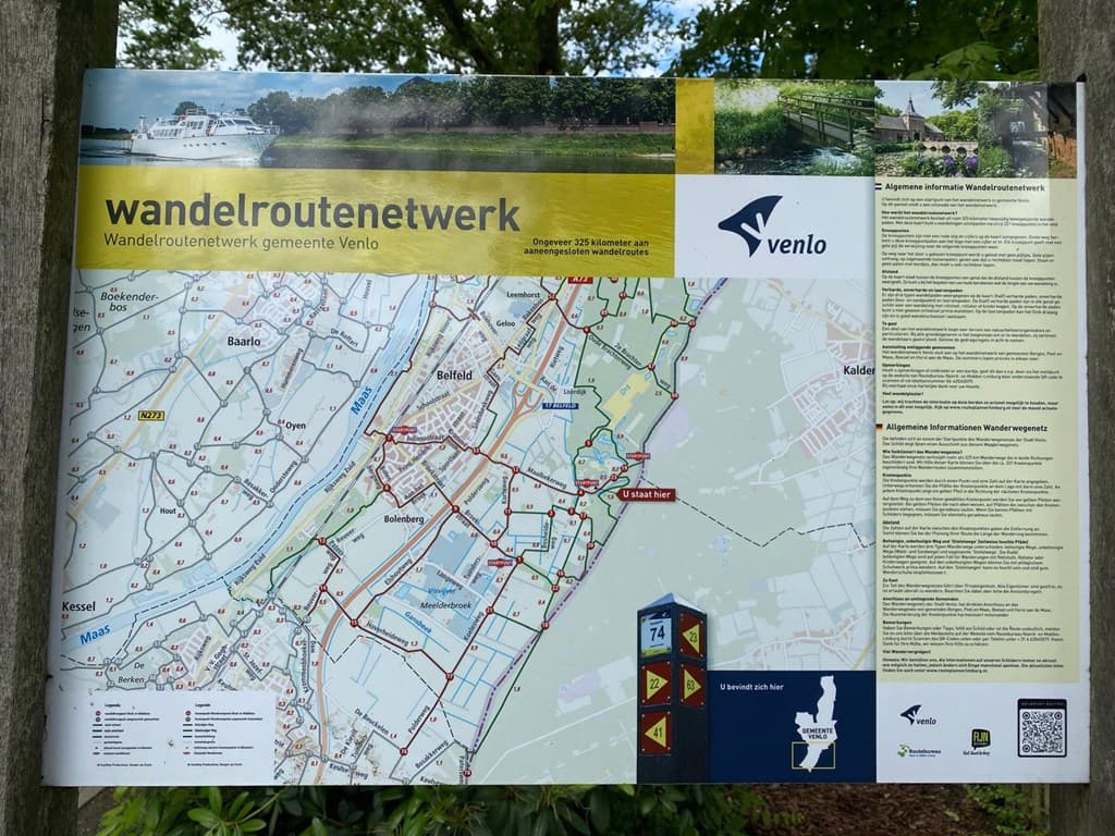 Kaart van het wandelroutes netwerk in Venlo met details over routes en informatie voor wandelaars.