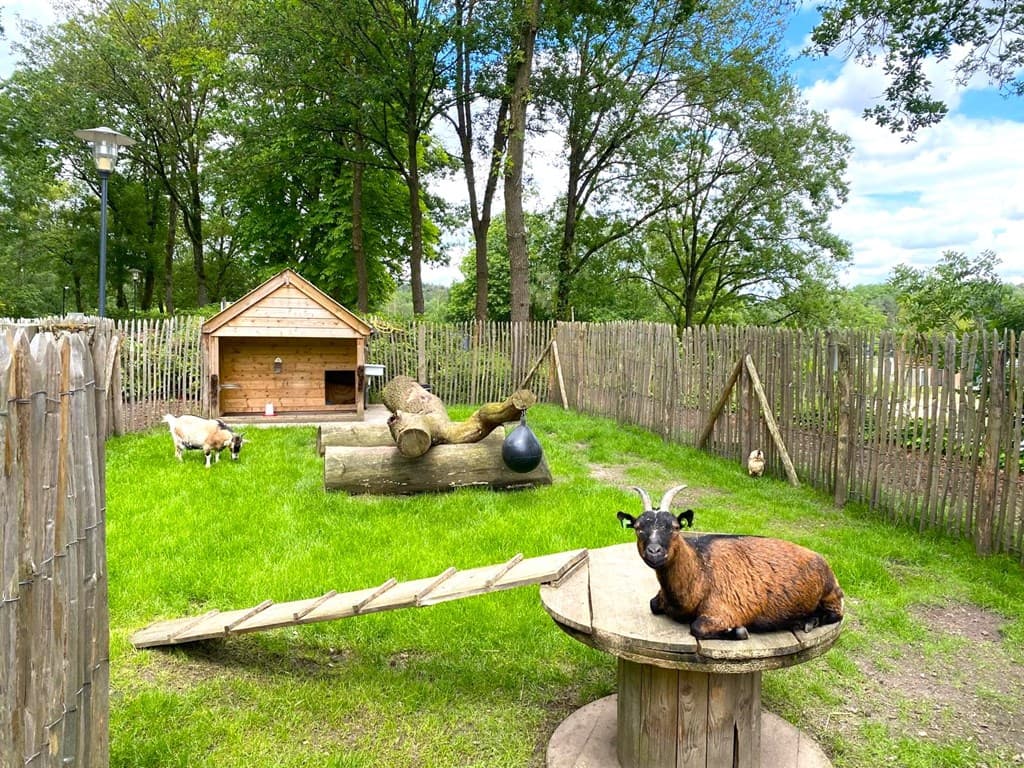 Tuin met omheining, houten huisje, speeltoestellen en meerdere dieren in het gras.