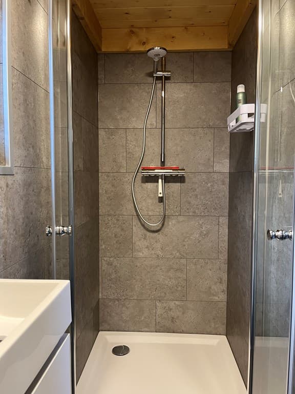 Moderne douche met grijze tegels en houten plafond, voorzien van een handdouche en wandrek voor toiletartikelen
