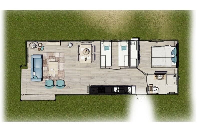 Plattegrond van een vakantiewoning met woonkamer, keuken, drie slaapkamers en buitenruimte op gras.