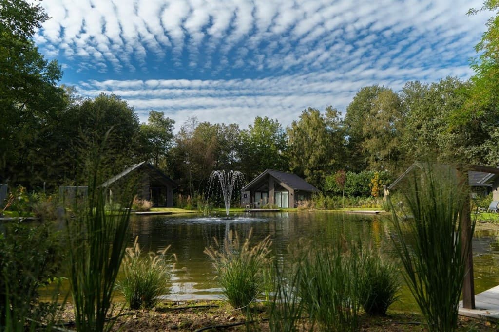 Zicht op vakantiewoningen rondom een vijver met fontein, omgeven door groen en een mooie wolkenlucht