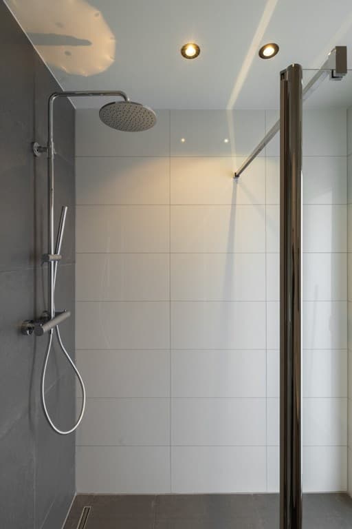 Moderne inloopdouche met rechte glazen wand en wanddouche, witte betegeling en strijklicht.