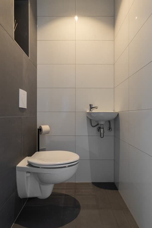 Moderne toiletruimte met wandcloset, fonteintje en wandtegels in lichte en donkere tinten.