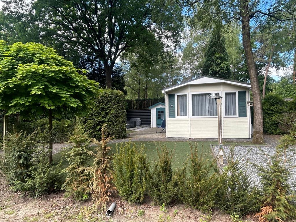 Buitenkant van een recreatiewoning met groene hagen, een grasgebied en een grindpad in een bosachtige omgeving