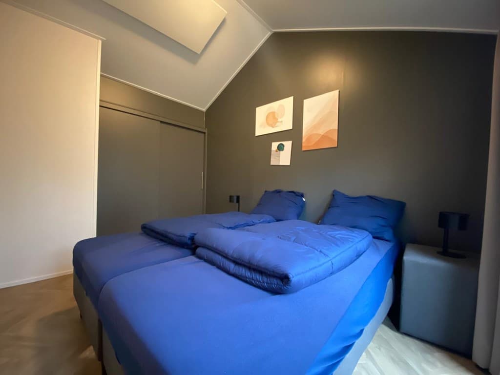 Slaapkamer met twee eenpersoonsbedden, donkergrijze muur en kunst aan de muur, kast aanwezig aan de achterkant.