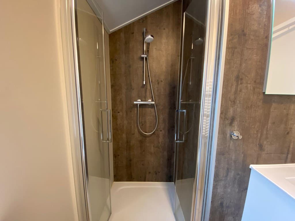 Moderne douche met twee deuren, een handdouche en houten wandbekleding in een lichte ruimte