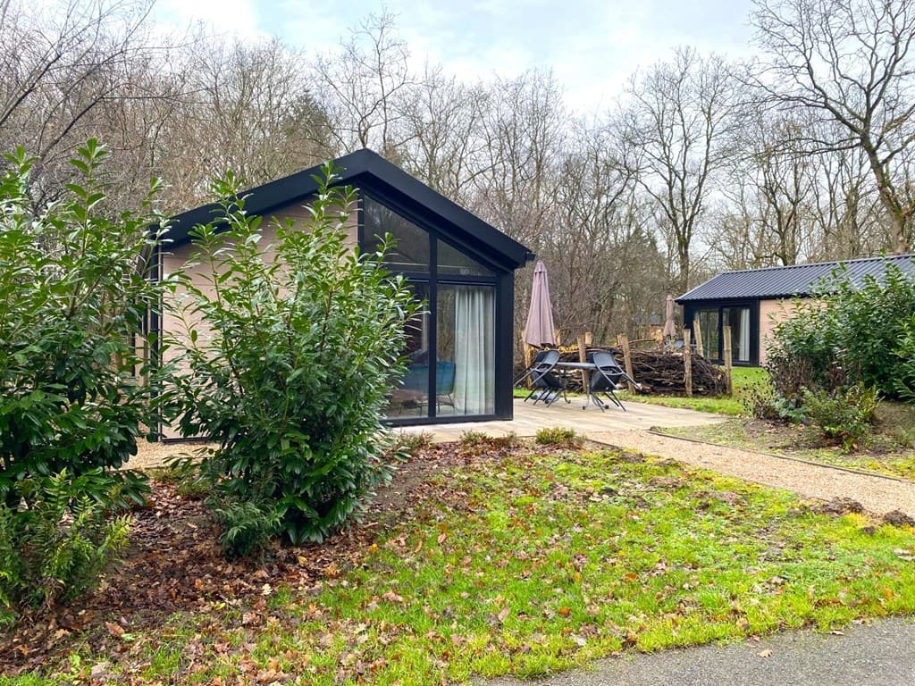 Moderne vakantiewoning met glazen gevel, terras en tuinstoelen, omringd door gras en bomen in EuroParcs Ruinen.