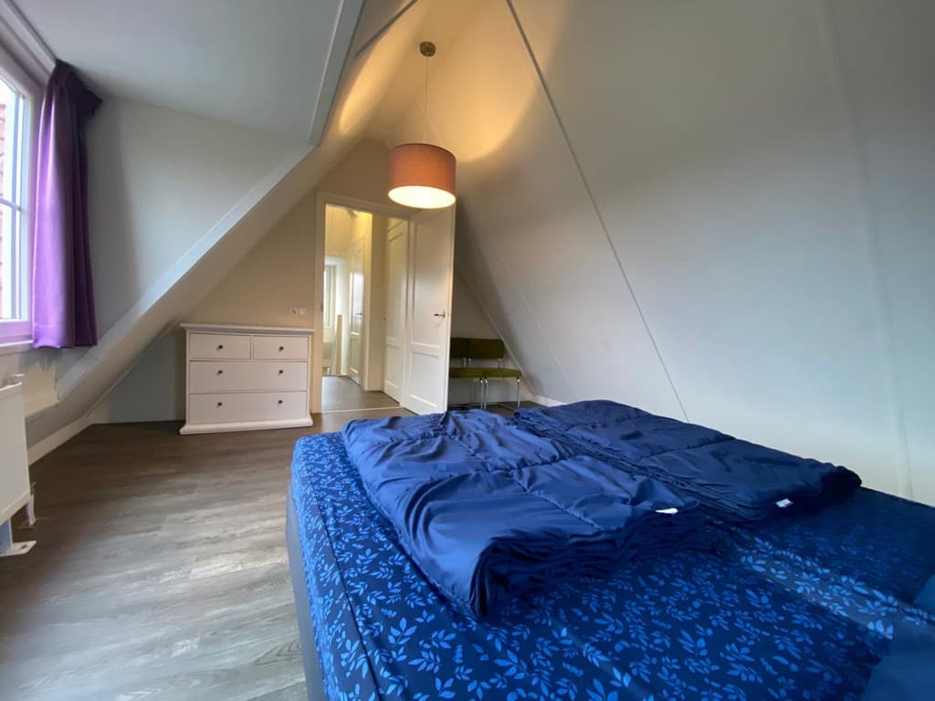 Slaapkamer met schuin plafond, bed met blauwe dekbedden, kast en deur naar hal.