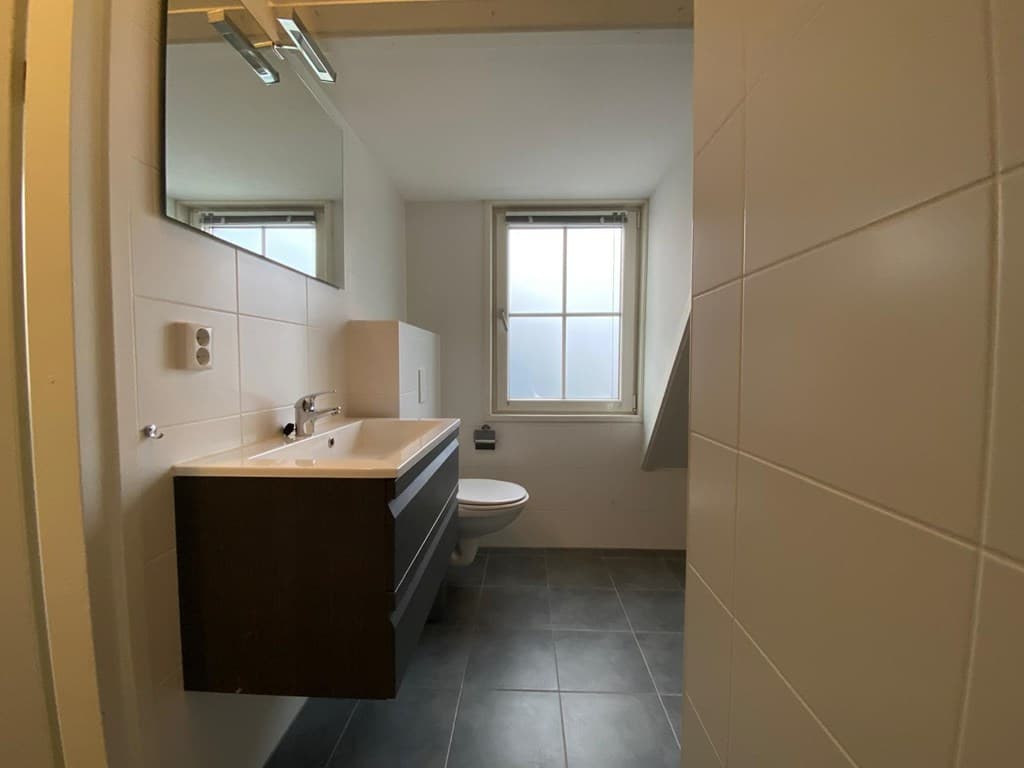 Badkamer met wastafel, spiegel en toilet, grote ramen bieden natuurlijk licht en vloer met tegels.