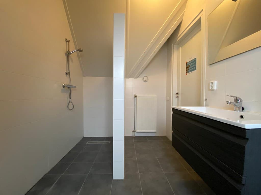Badkamer met inloopdouche, wastafelmeubel en radiator, lichte tegels en grijze vloer.