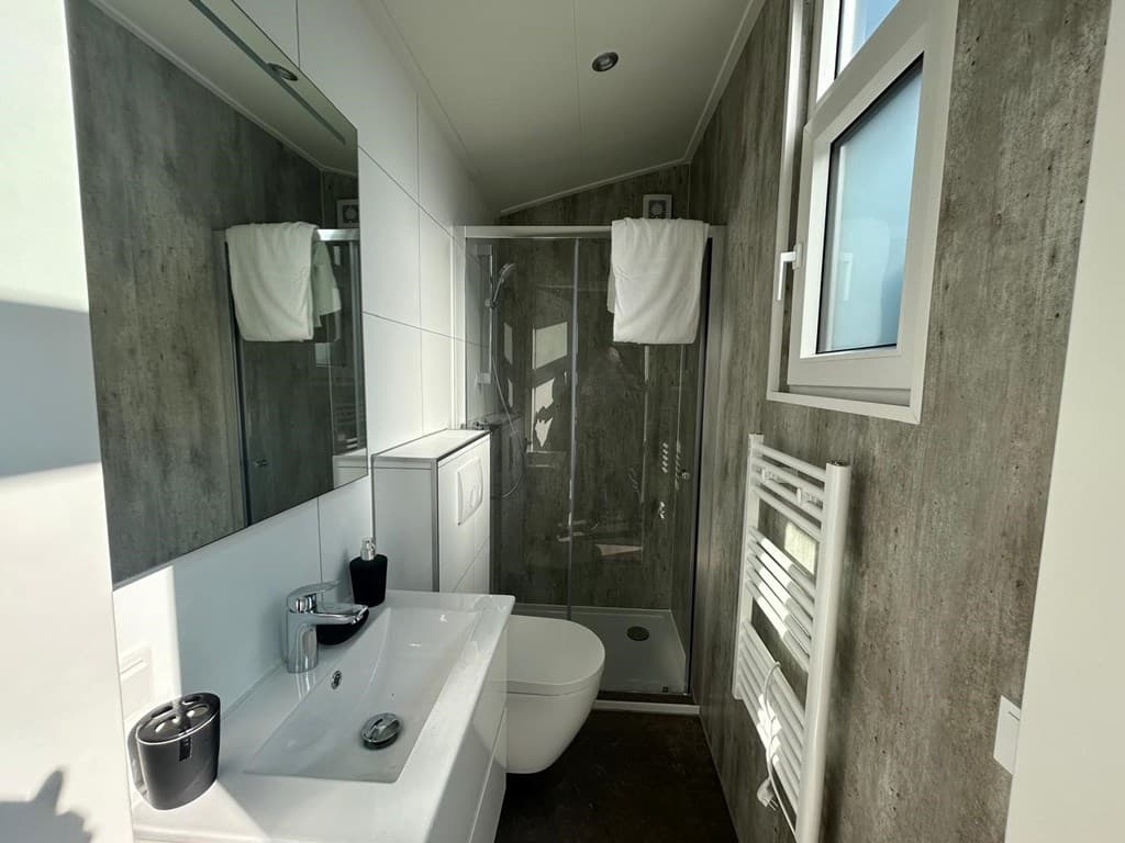Moderne badkamer met inloopdouche, wastafel, spiegel en handdoekenrek in een lichte ruimte met grote ramen