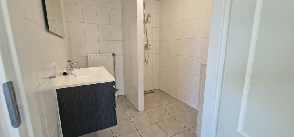 Moderne badkamer met douche, wastafel en grote wandtegels in lichte kleuren