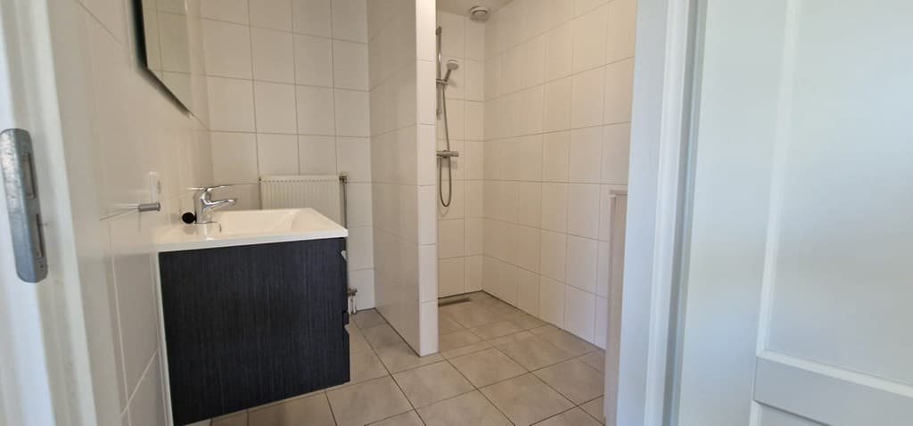 Moderne badkamer met douche, wastafel en tegels in lichte kleuren.