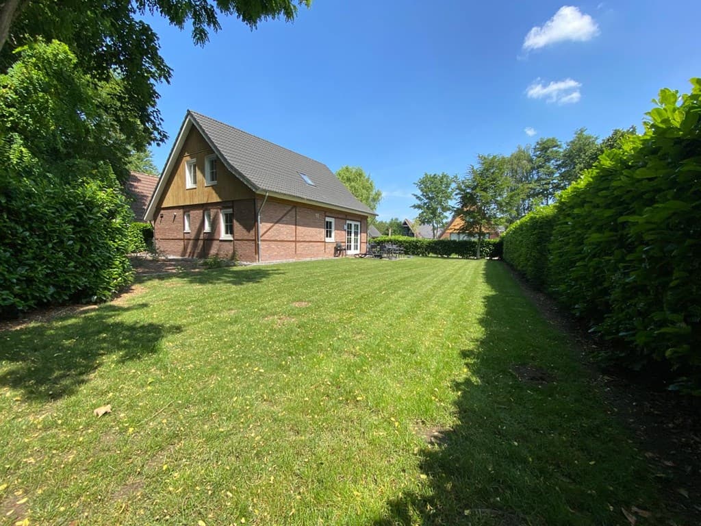 Tuin met grasveld en struiken, aan de achterkant van een woning met een schuin dak onder een blauwe lucht.