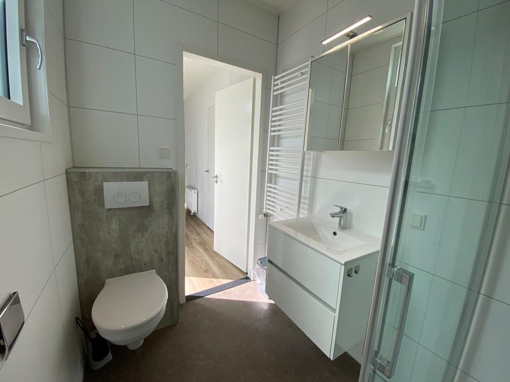 Moderne badkamer met toilet, wastafel en douchecabine, toegang tot een lichte deur naar een andere ruimte.