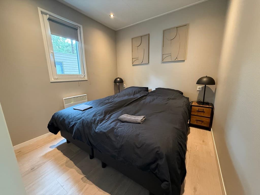 Slaapkamer met twee eenpersoonsbedden, nachtkastjes en moderne wanddecoratie tegen een neutrale achtergrond.