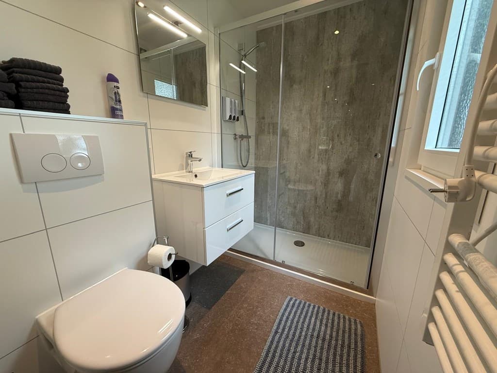 Moderne badkamer met douchecabine, wastafel en toilet in lichte kleuren en praktische indeling.