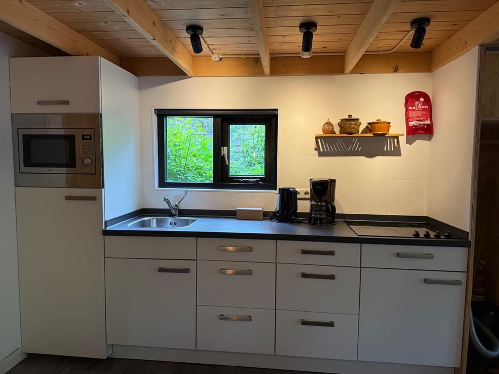 Keuken met moderne inbouwapparatuur, werkblad en houten plafond met zichtbare balken.
