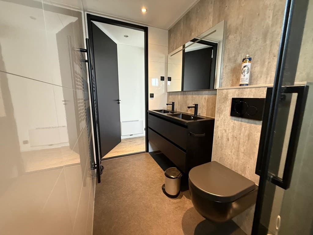 Moderne badkamer met wastafelmeubel, toilet en inloopdouche, afgewerkt met een strakke materialen en kleuren.