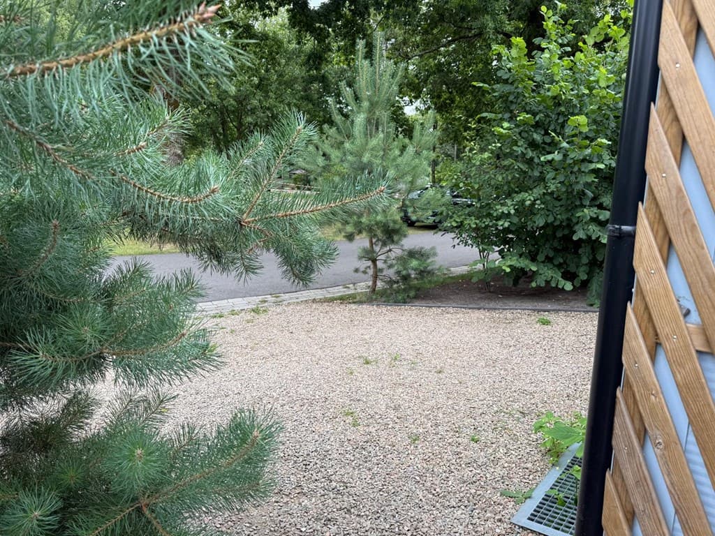 Uitzicht op een grindpad omringd door groene bomen en struiken bij EuroParcs De Hooge Veluwe.