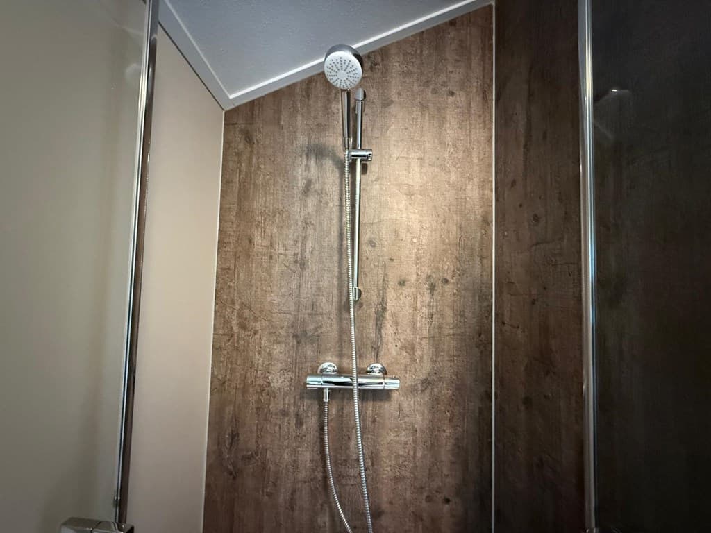 Douche met een moderne handdouche en thermostaatkranen, wand met houtlook en moderne afwerking