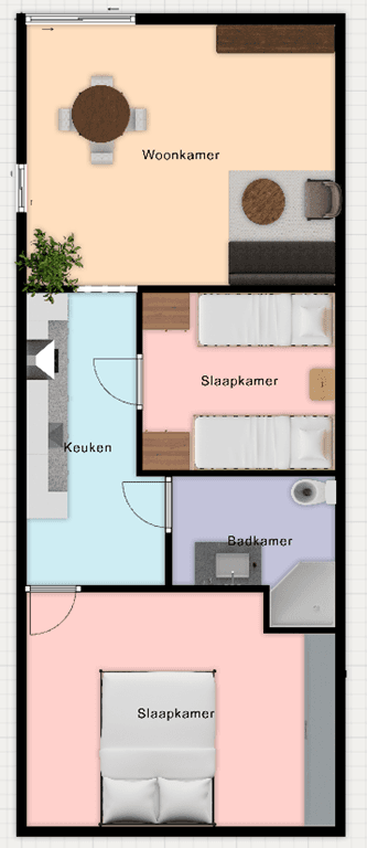 Indeling van een vakantiewoning met woonkamer, keuken, twee slaapkamers en een badkamer, weergegeven in een plattegrond.