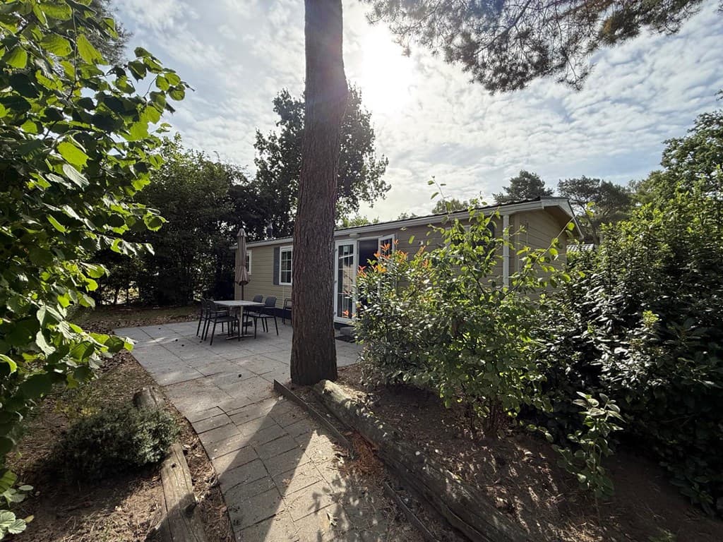 Houten vakantiehuisje omringd door bomen en struiken met een terras en buitenmeubilair.