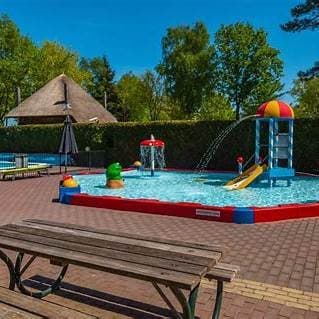 Zwembad met glijbaan en speeltoestellen, omringd door bomen en gezelschapsmeubels op een betegeld terras