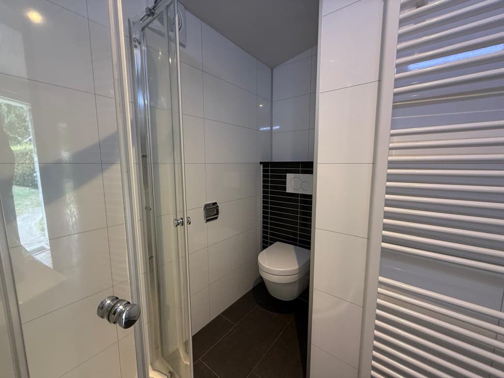 Moderne badkamer met inloopdouche, toilet en witte wandtegels. Daarnaast een radiator en natuurlijk licht.