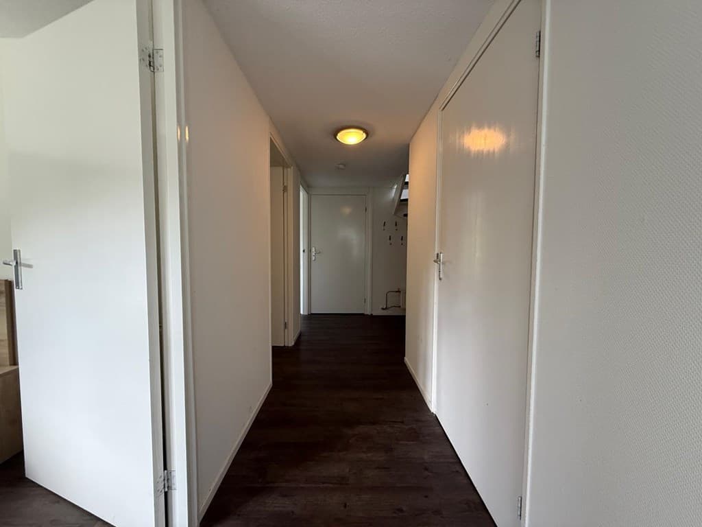 Lange gang met witte muren, houten vloer en deuren aan weerszijden, met een plafondlamp in het midden.