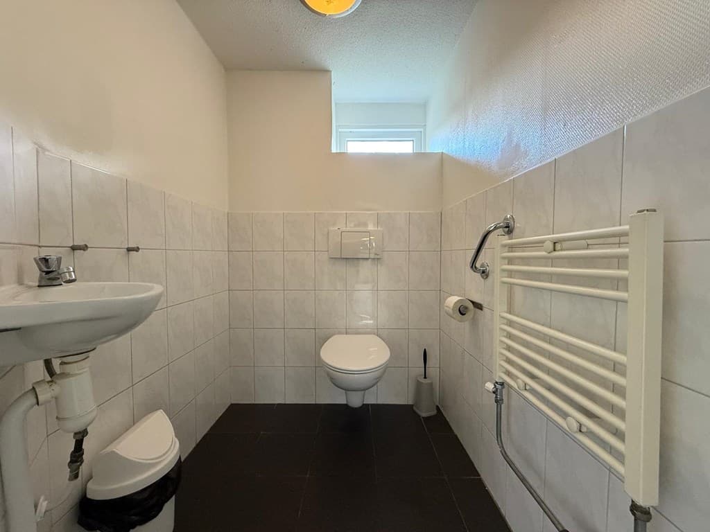 Witte betegelde badkamer met toilet, wastafel en handdoekradiator, lichtinval van het raam zichtbaar.