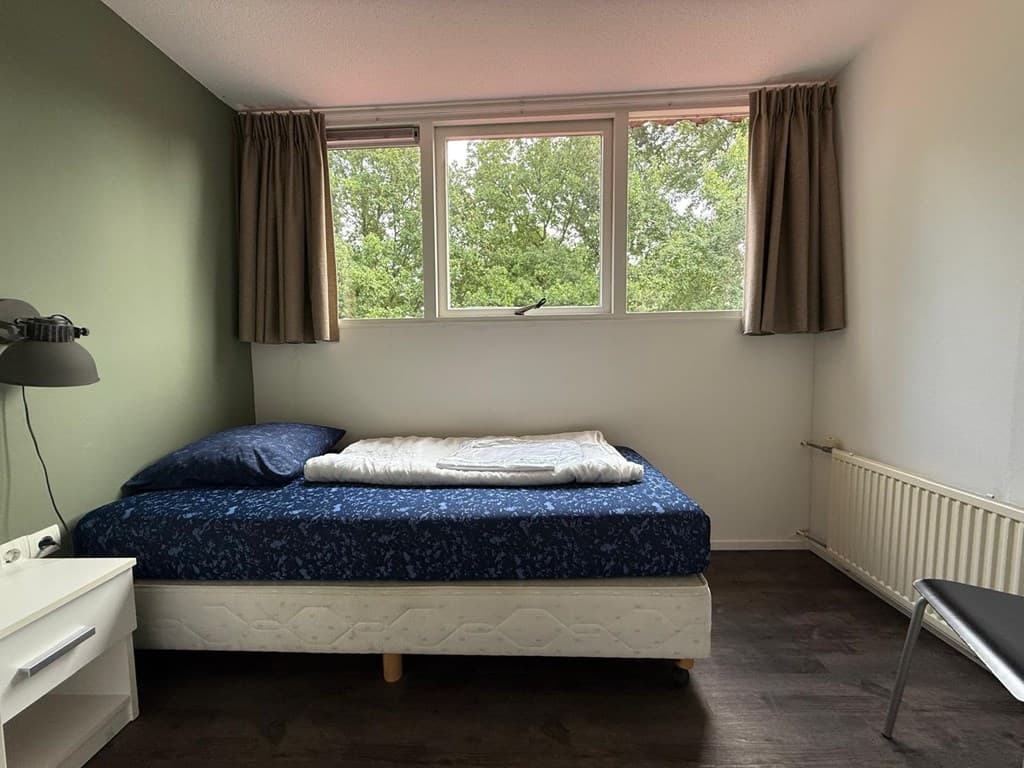 Slaapkamer met een éénpersoonsbed, bureau, lamp en uitzicht op bomen door het raam.
