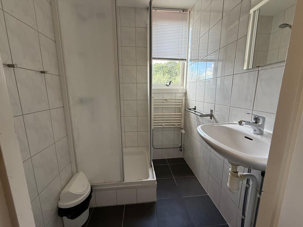 Badkamer met douche, wastafel en toilet, betegelde muren en vloer, raam met uitzicht naar buiten.